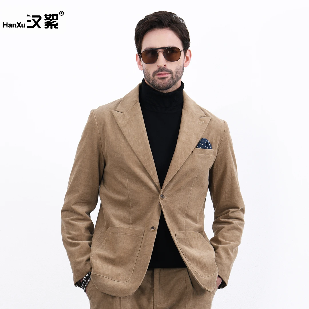 汉絮纯棉灯芯绒西服外套男秋冬季商务绅士西装男复古休闲通勤单西