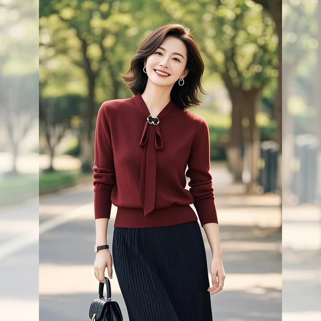 红色系带修身长袖针织衫女夏季新款大方得体轻熟风内搭打底衫上衣