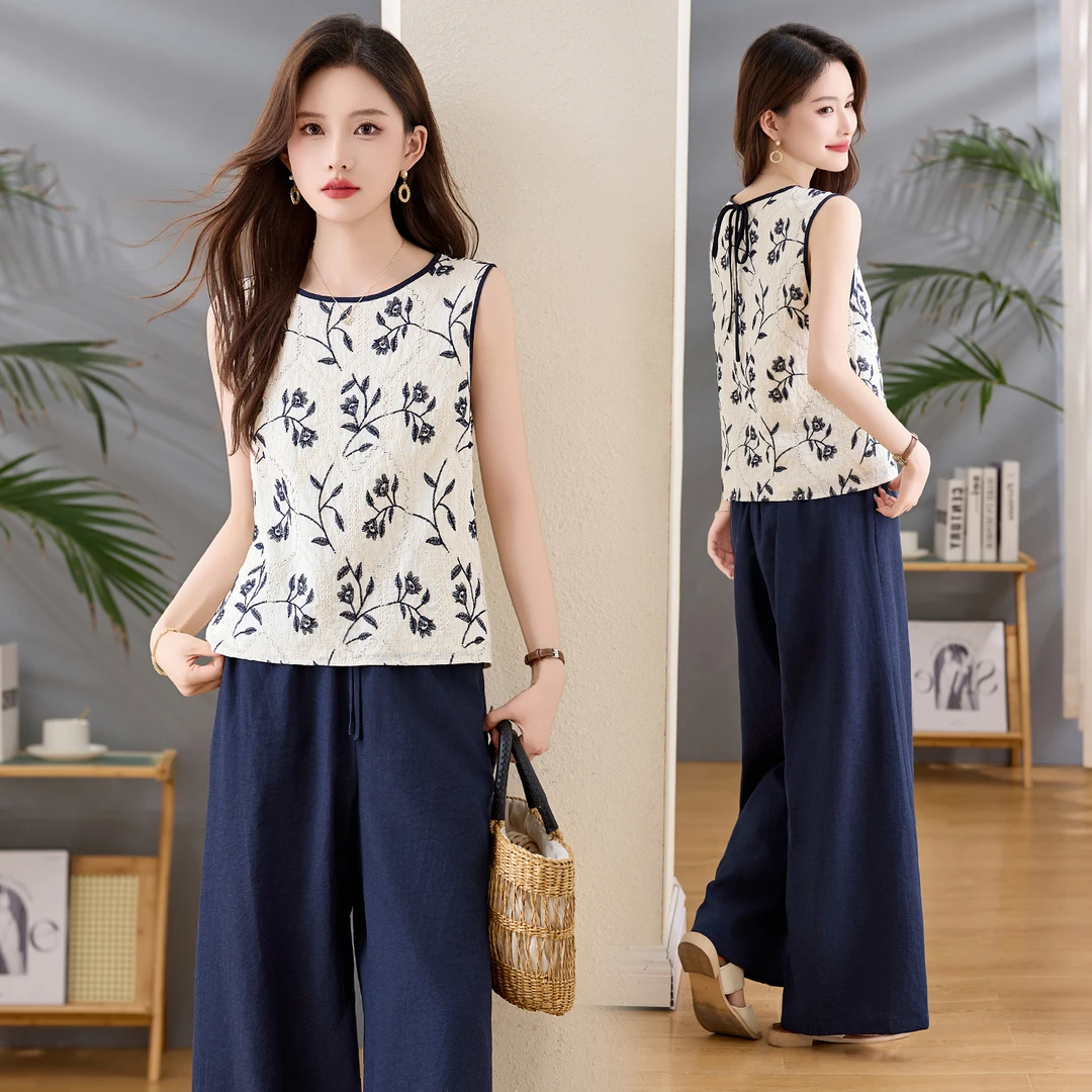 复古碎花刺绣无袖背心套装女2025夏季新款高休闲时尚阔腿裤两件套