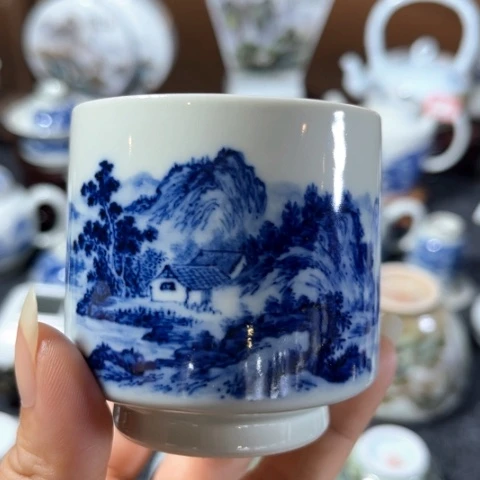 汪派山水第四代汪沁柴窑青花特价