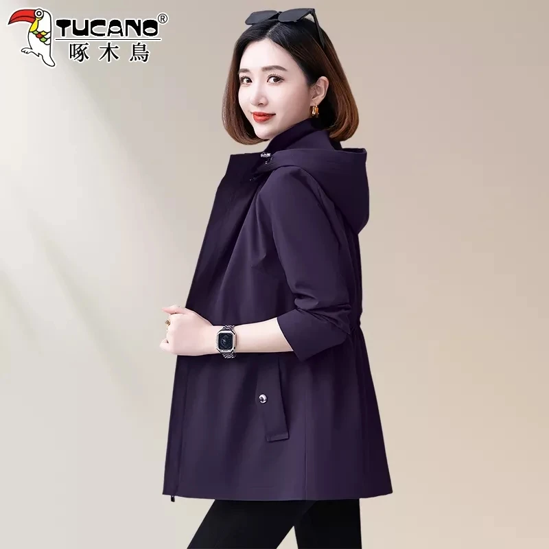 啄木鸟春秋中长风衣外套女2025新款收腰休闲洋气妈妈时尚连帽上衣