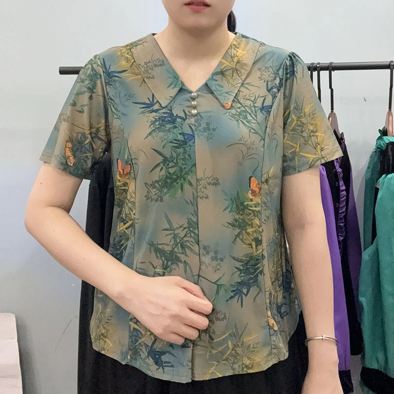 夏季新款娃娃领拼接短袖衬衫女洋气妈妈装印花小衫遮肚显瘦上衣