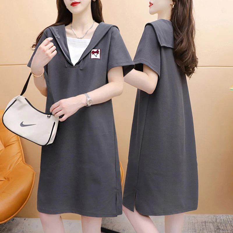 新款韩版胖mm短袖拼接假两件海军领青年大码常规连衣裙上衣
