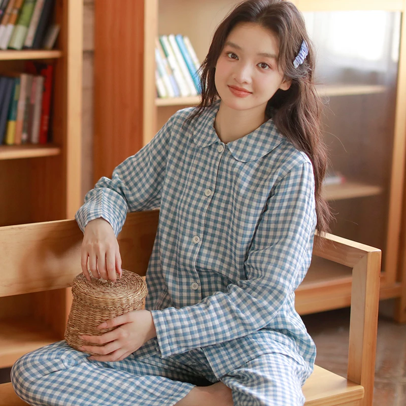 春秋纯棉女士精致睡衣三层棉纱简约宽松长袖长裤家居服