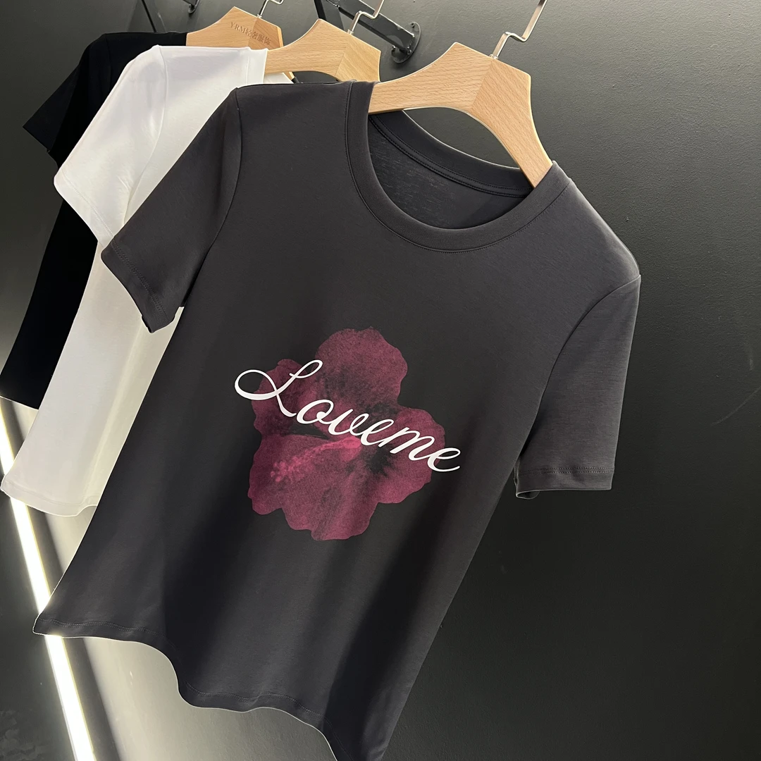 短袖t恤衫2025夏季轻奢大码女装印花圆领胖MM宽松显瘦天丝冰感棉