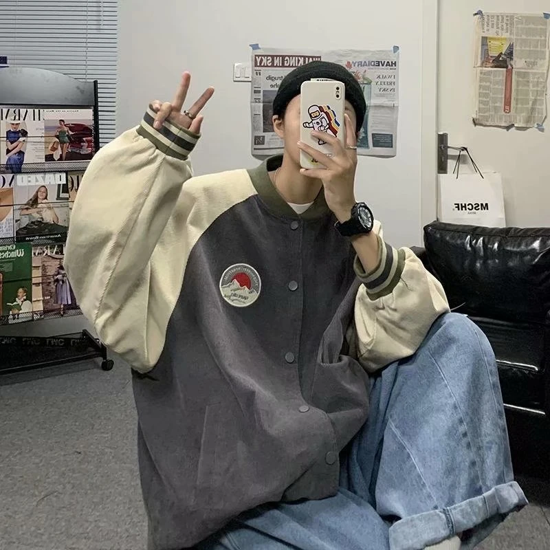 日系古着拼色灯芯绒外套男女同款春秋原宿潮流刺绣棒球服夹克外套