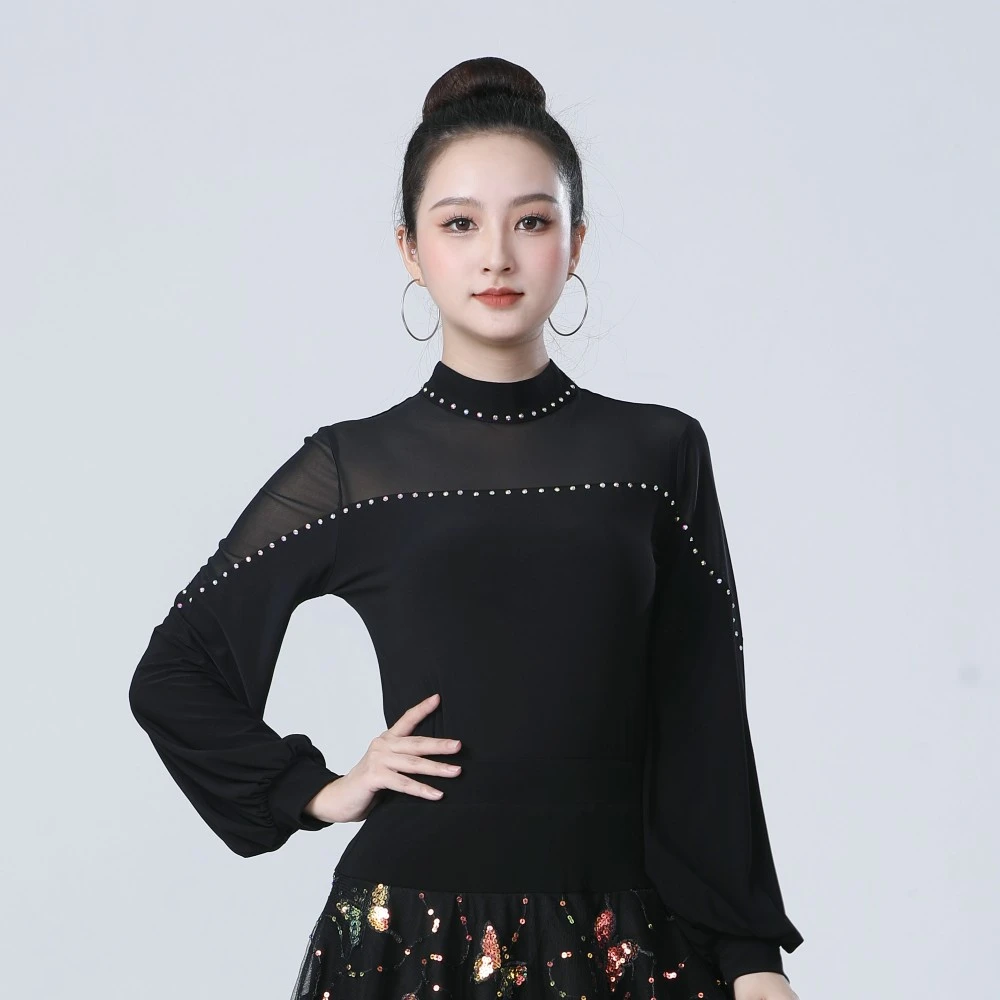 新款摩登舞上衣长袖黑色舞蹈服网纱高领水晶麻新款显瘦灯笼袖舞衣