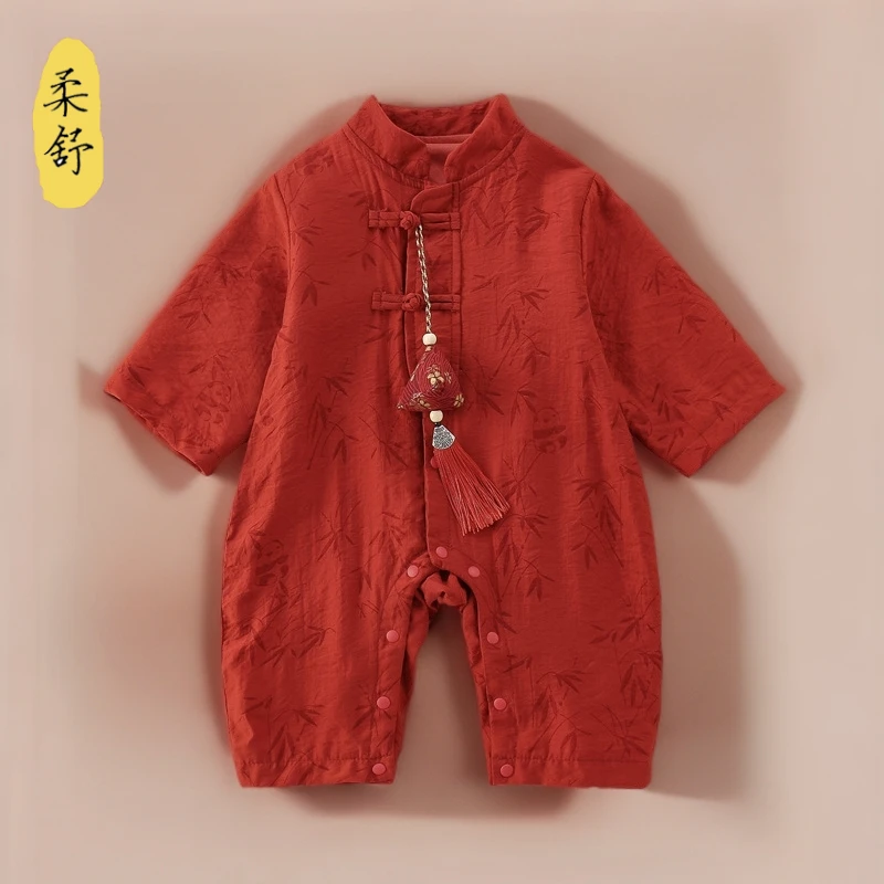 婴儿中式秋季连体衣洋气国风哈衣新生儿春秋满月百天抓周岁宴礼服