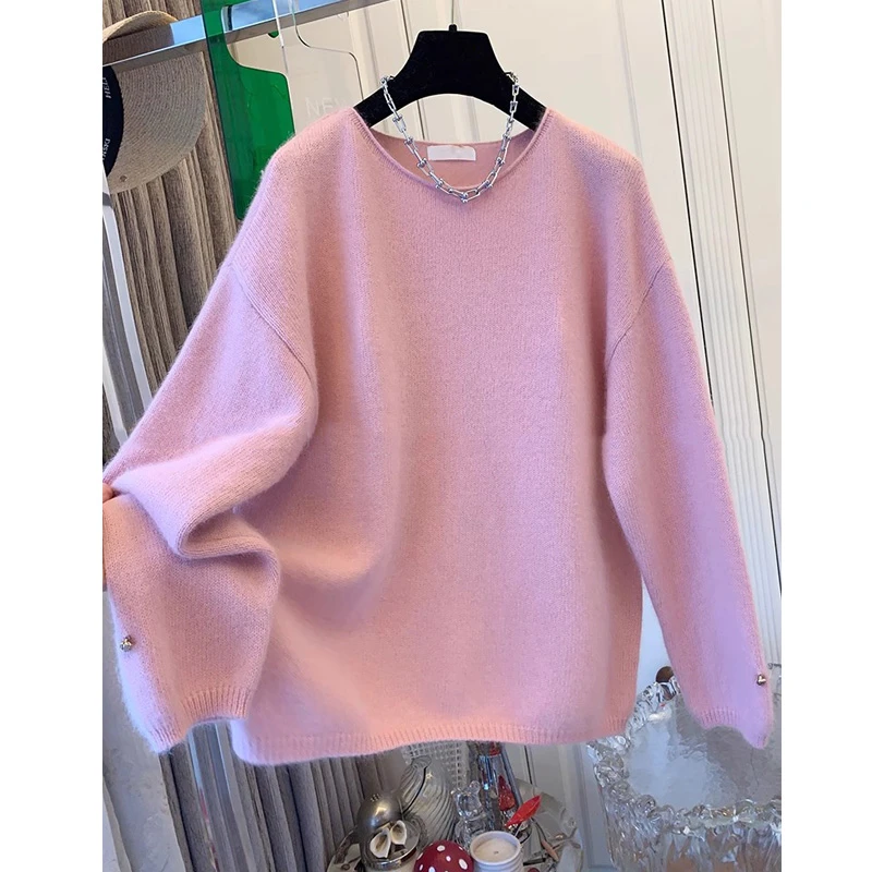 3460慵懒风韩系秋冬新款纯色圆领宽松毛衣女大版百搭休闲时尚上衣