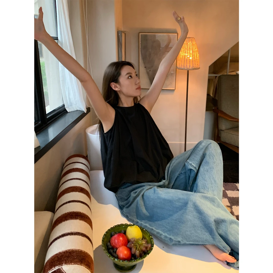 Gakee【零感出行】圆领黑色背心无袖宽松上衣 C33959GK52