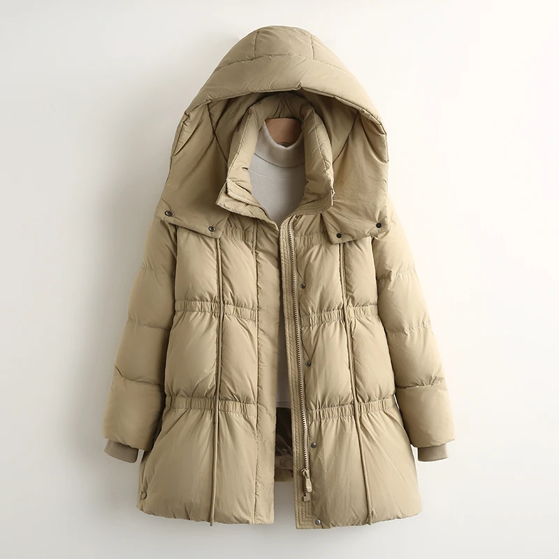 【伍莎-自营】韩版宽松立领连帽纯色中长款百搭羽绒服#QLM48H069