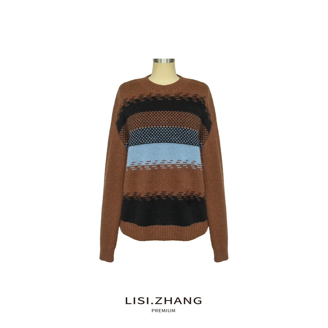 LISI.ZHANG--【条纹撞色羊毛衫】时尚几何条纹撞色软糯休闲毛衣