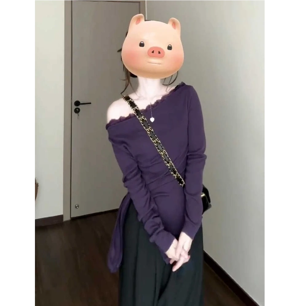 秋冬韩版显瘦紫色蕾丝拼接斜领修身长袖露肩上衣潮流百搭