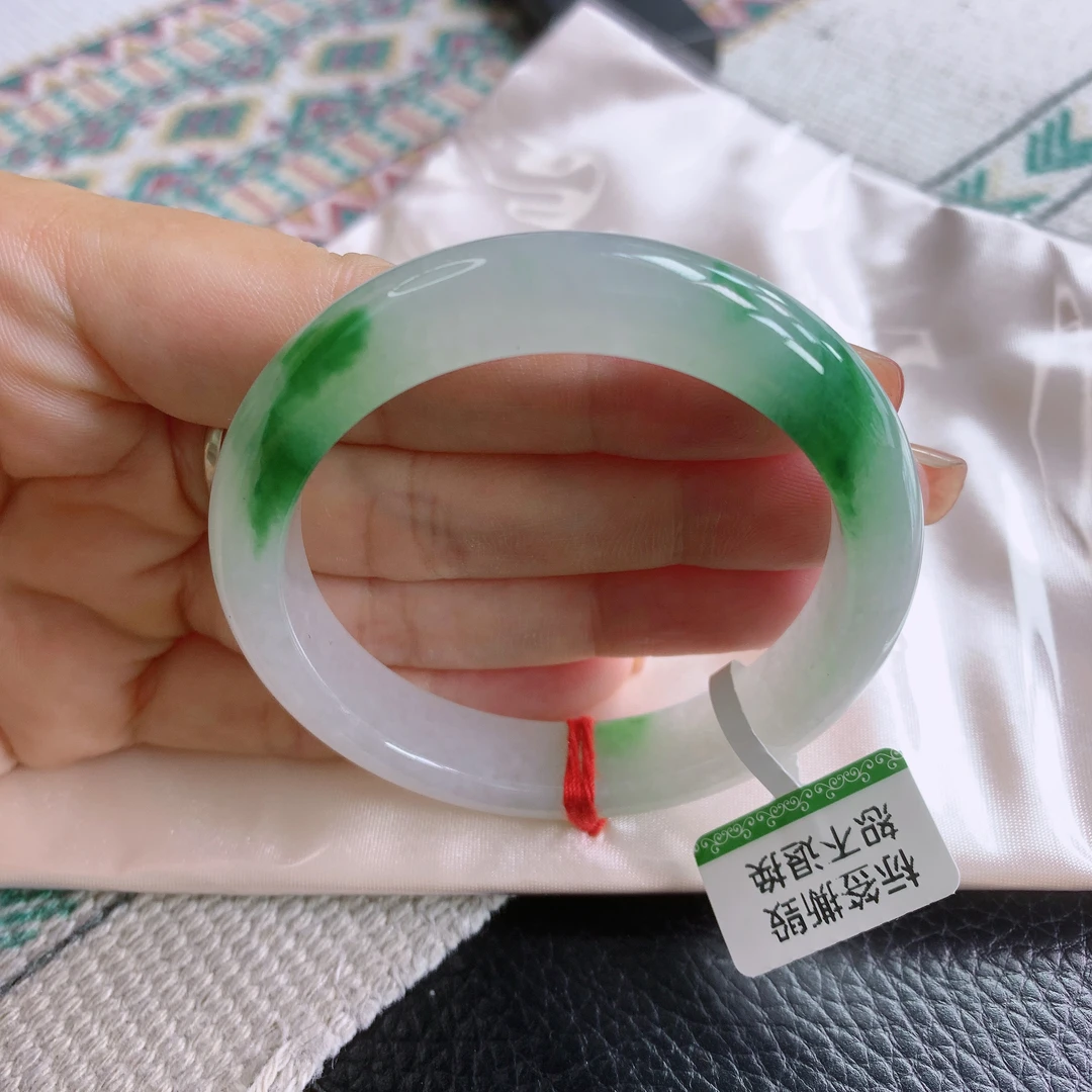 51圈天然缅甸A货翡翠老坑冰种起胶飘阳绿宽边手镯