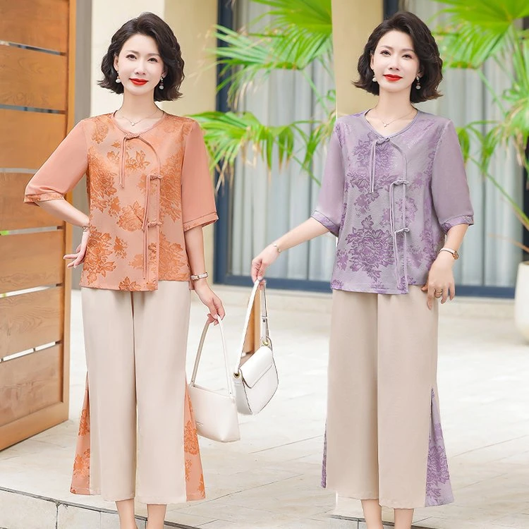 中年妈妈夏装国风衣服短袖小衫2025新款洋气中老年宽松新中式套装