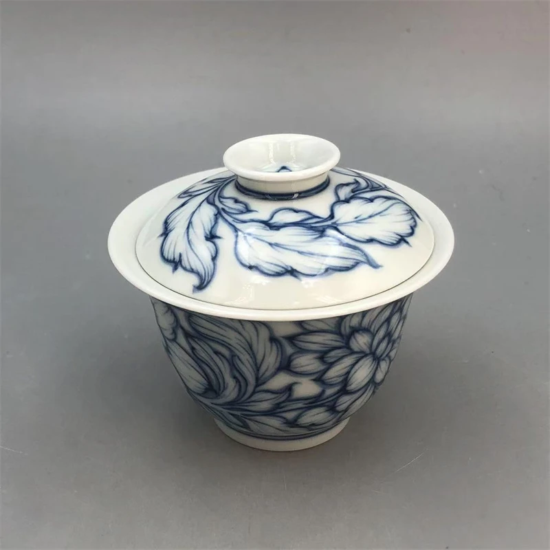 CLJJ2-2406[学茶严选]雨后 湛蓝系列 冷香白描菊花小盖碗 陶瓷