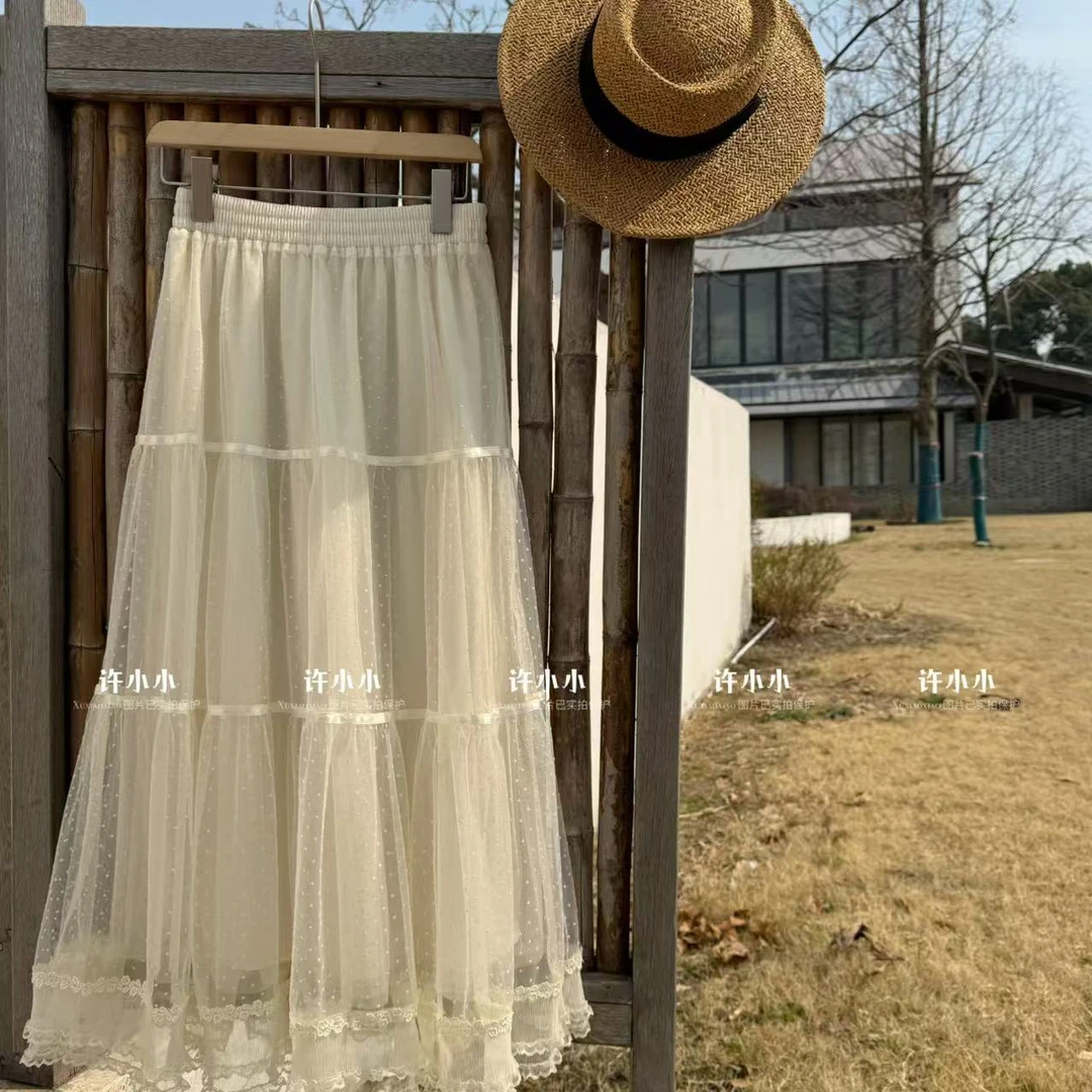 许小小 早春新款蕾丝拼接A字裙 夏季高腰显瘦仙女裙 5019