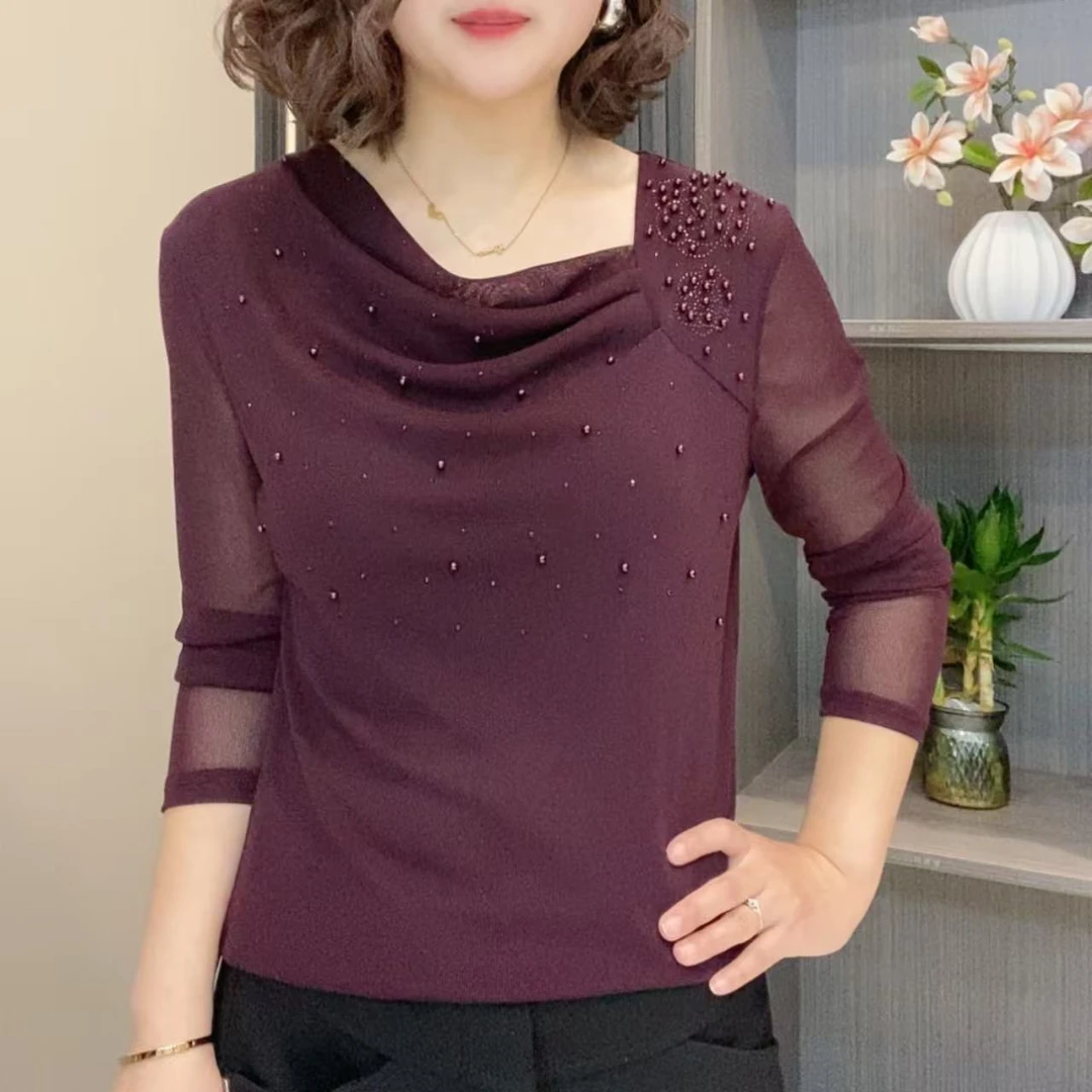 2025春季气质时尚百搭显瘦遮肉女士钉珠堆堆领洋气透气小衫上衣