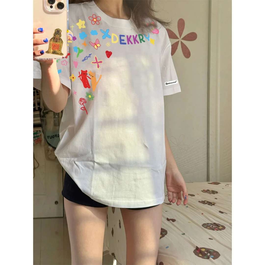 labzaa美式ins创意植物花卉字母印花短袖T恤男女休闲宽松情侣上衣