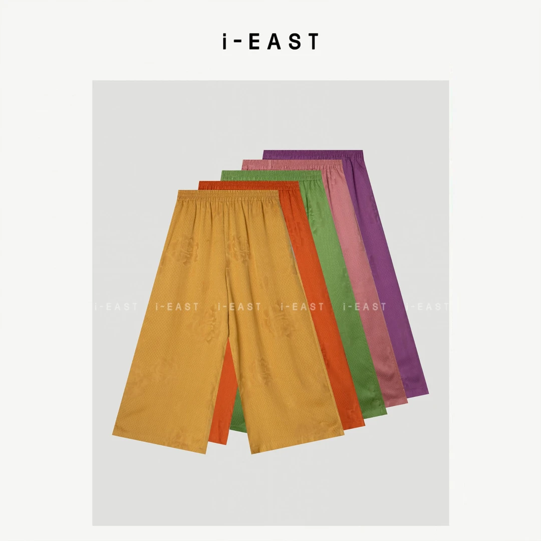 i-EAST 浮光纯色~新中式花朵提花松紧腰休闲裤-5X GF5522