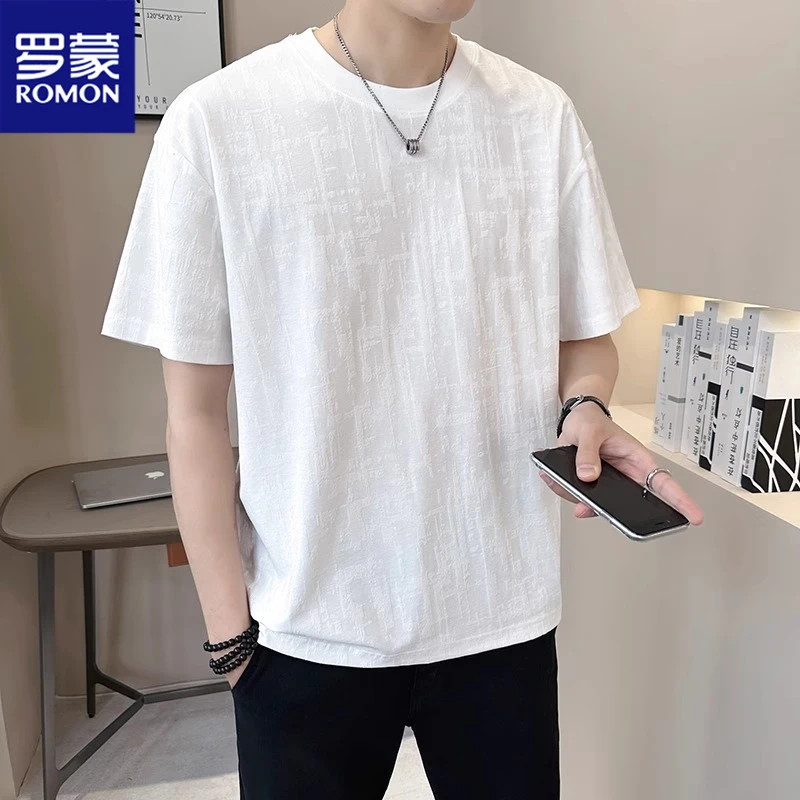罗蒙冰丝凉感提花宽松短袖T恤男士夏季新款薄款圆领痞帅半袖上衣