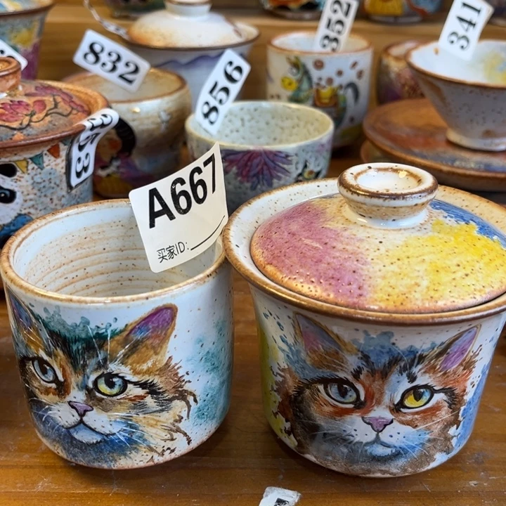 崽****全手工柴烧志野手绘猫667一套