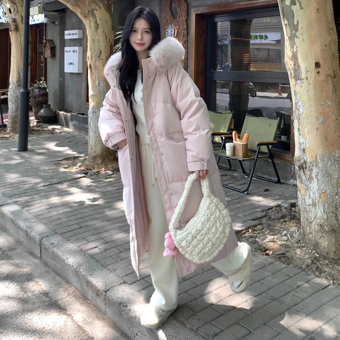 VALVOELITE冬季新款白鸭绒外套中长版过膝宽女士连帽中长款白鸭绒