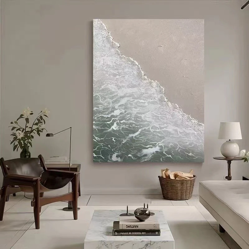 纯手绘油画抽象海浪客厅侘寂风肌理画现代轻奢玄关沙发背景墙挂画