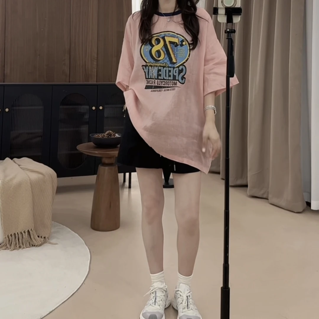 伟丽店4083款【复古78印花麻料短袖T 】圆领印花宽松型数字短袖T恤