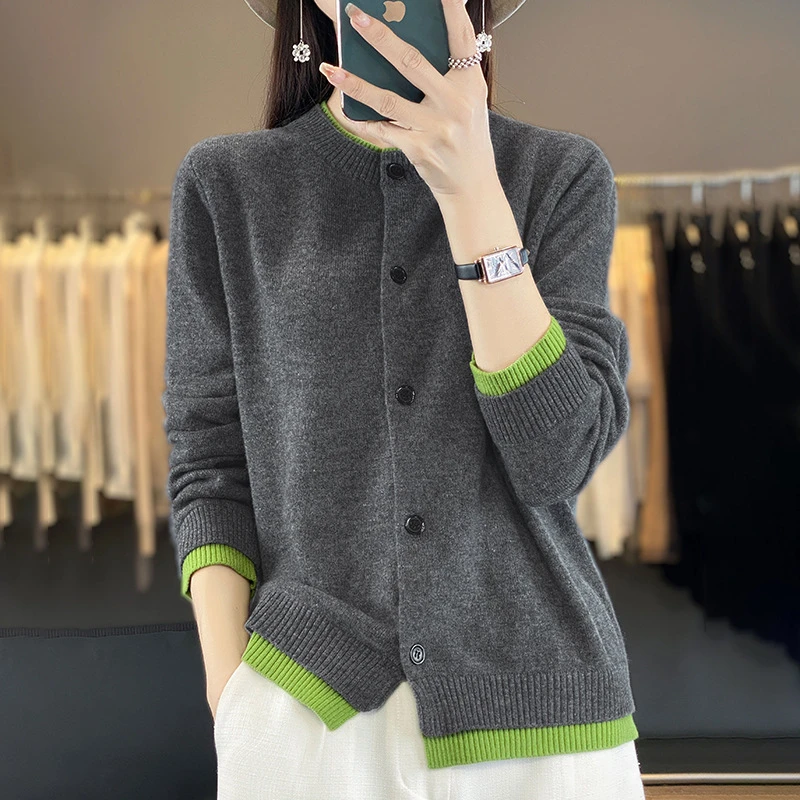 纯羊毛开衫假两件上衣女春秋款圆领撞色宽松针织毛衣外套秋冬