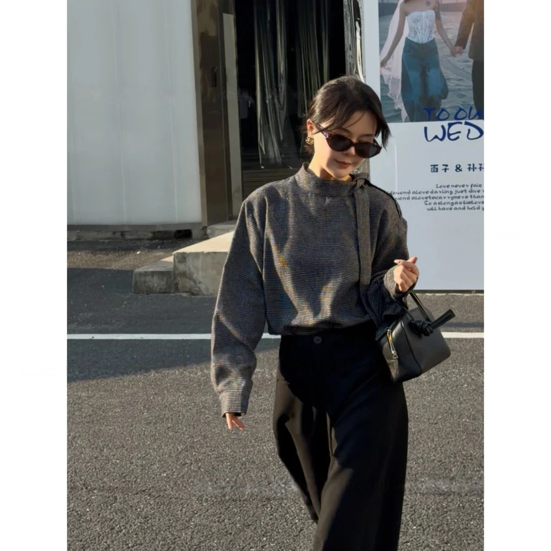 【人气选手】秋季新品格子衬衫领子不规则带飘带