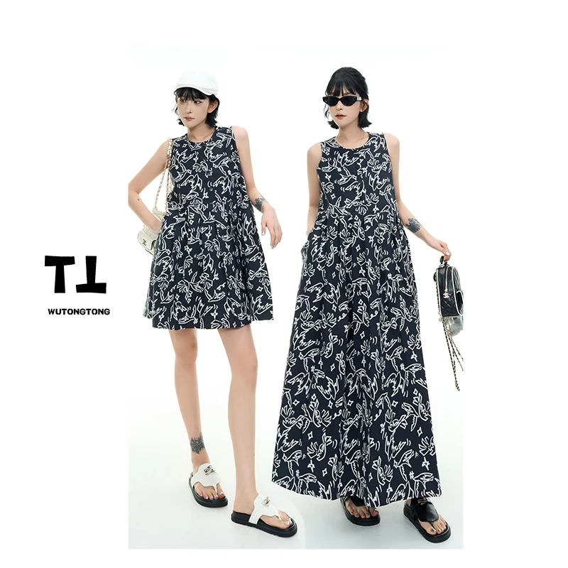 现货【圣灵白鸽】夏季无袖印花背带裙女宽松气质连衣裙62329