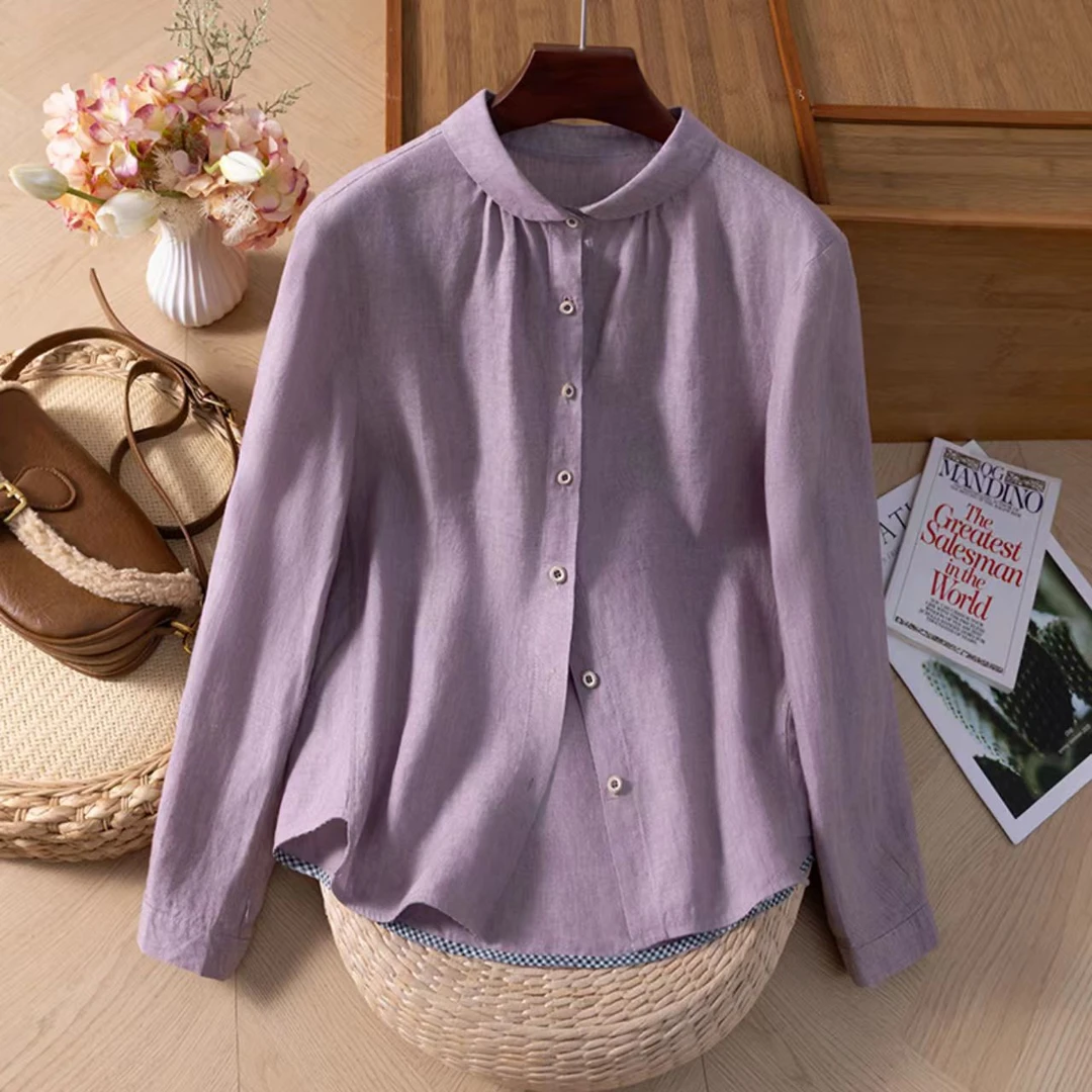 2025春秋新款洋气气质汉麻开衫单排扣休闲百搭长袖衬衫复古衬衣