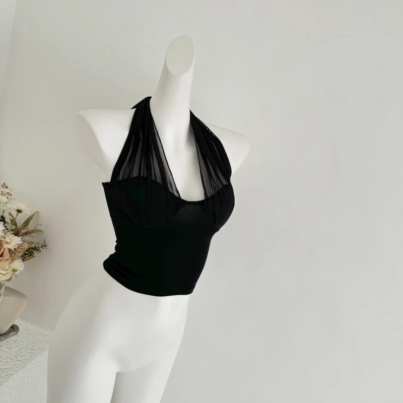 2025辣妹网纱拼接挂脖吊带背心修身显瘦收腰纯欲性感无袖女上衣潮