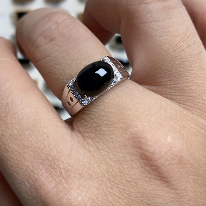 翡翠戒指银S925镶嵌墨翠戒指