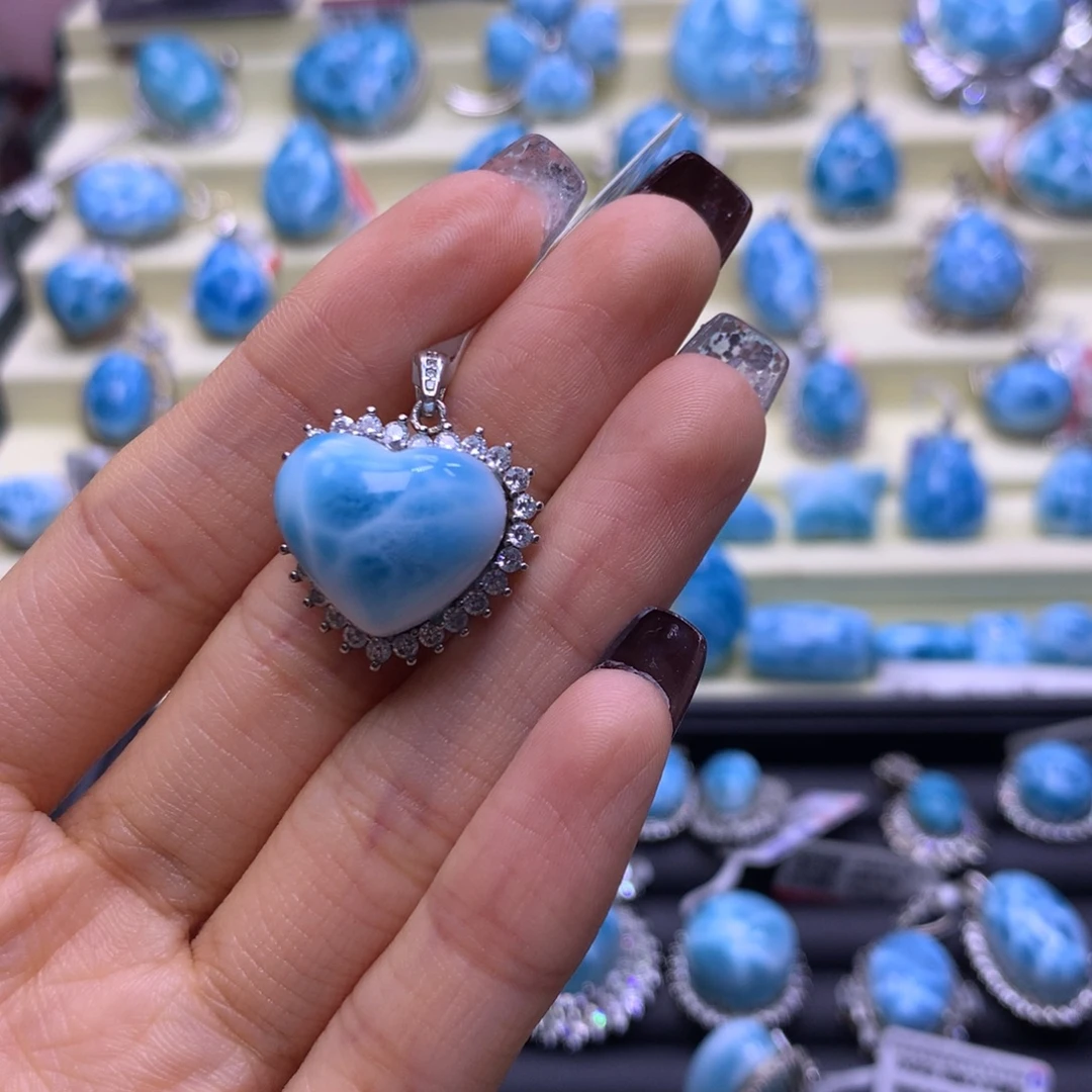 针钠钙石（海纹石）银S925镶嵌颈饰精品爱心