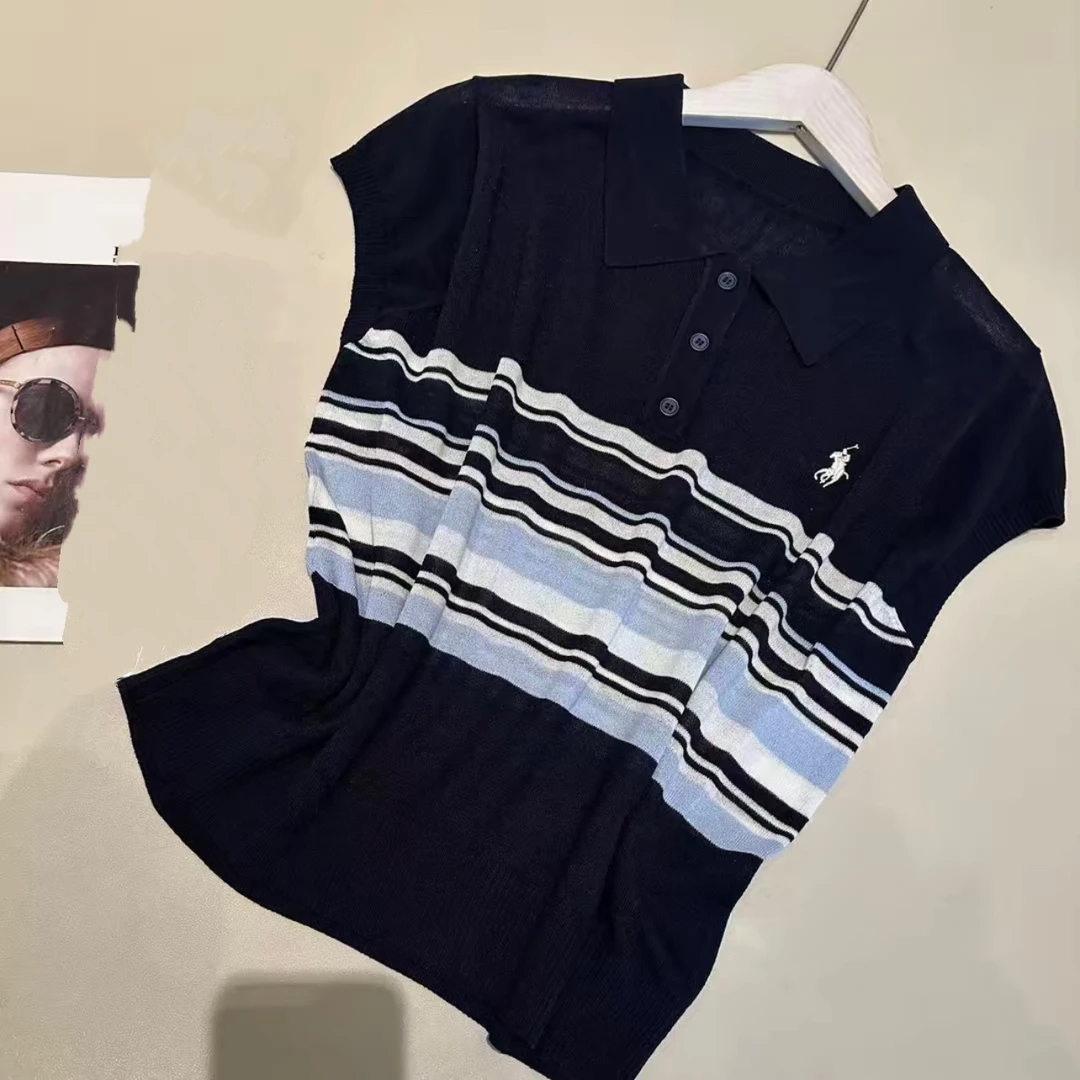 【99292】夏季短袖翻领细横条纹时尚百搭冰丝针织上衣