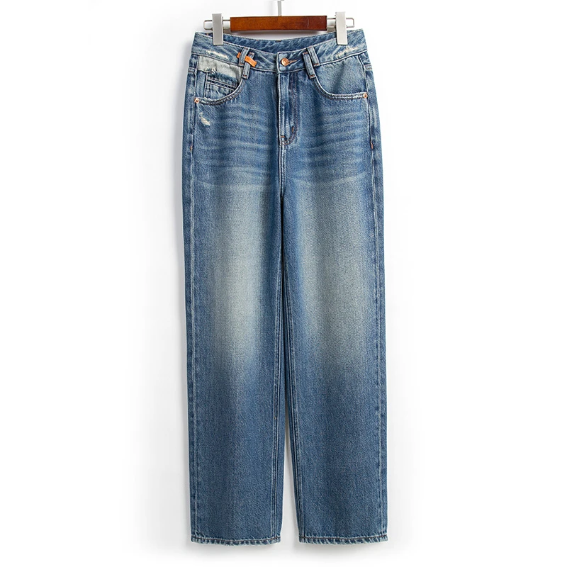 春季莱赛尔天丝高腰时尚百搭新款牛仔裤女休闲蓝色直筒阔腿 040