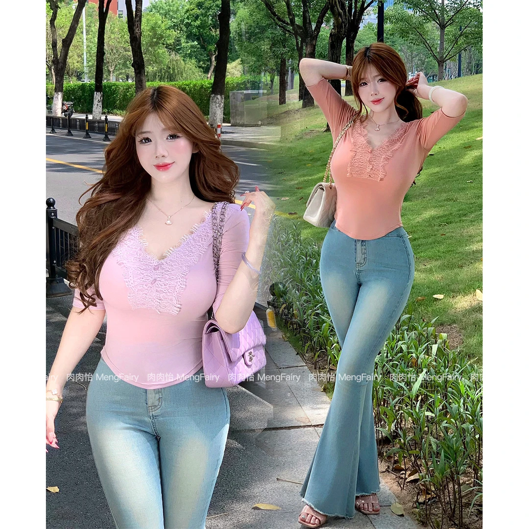 肉肉怡 清清【初代嗲女】纯欲妻感蕾丝针织修身显瘦上衣5570B