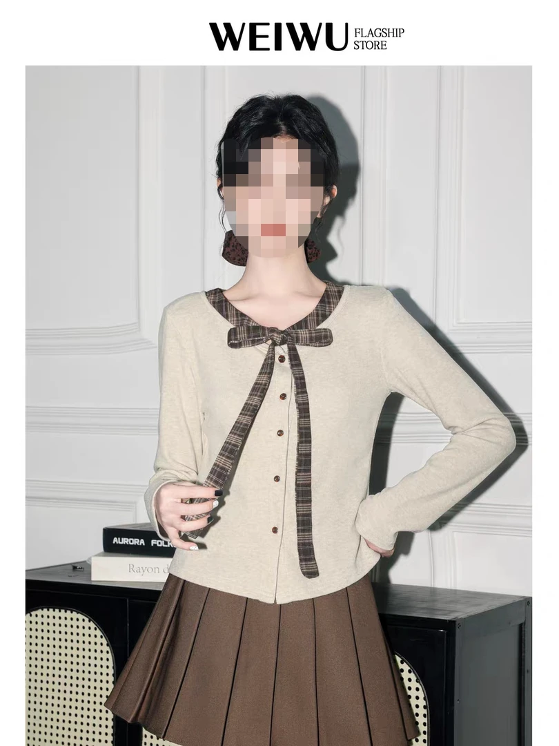 【0137#】常规款蝴蝶结学院风T恤女通勤日系长袖法式短款针织