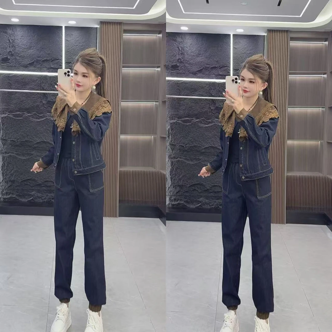 秋季0891 时尚百搭牛仔拼接上衣外套 加 束脚长裤 两件套