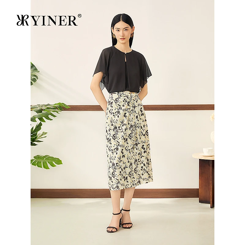YINER音儿2025秋季新款云境珠感雪纺蕾丝衫蝶翼袖水滴领倒褶上衣