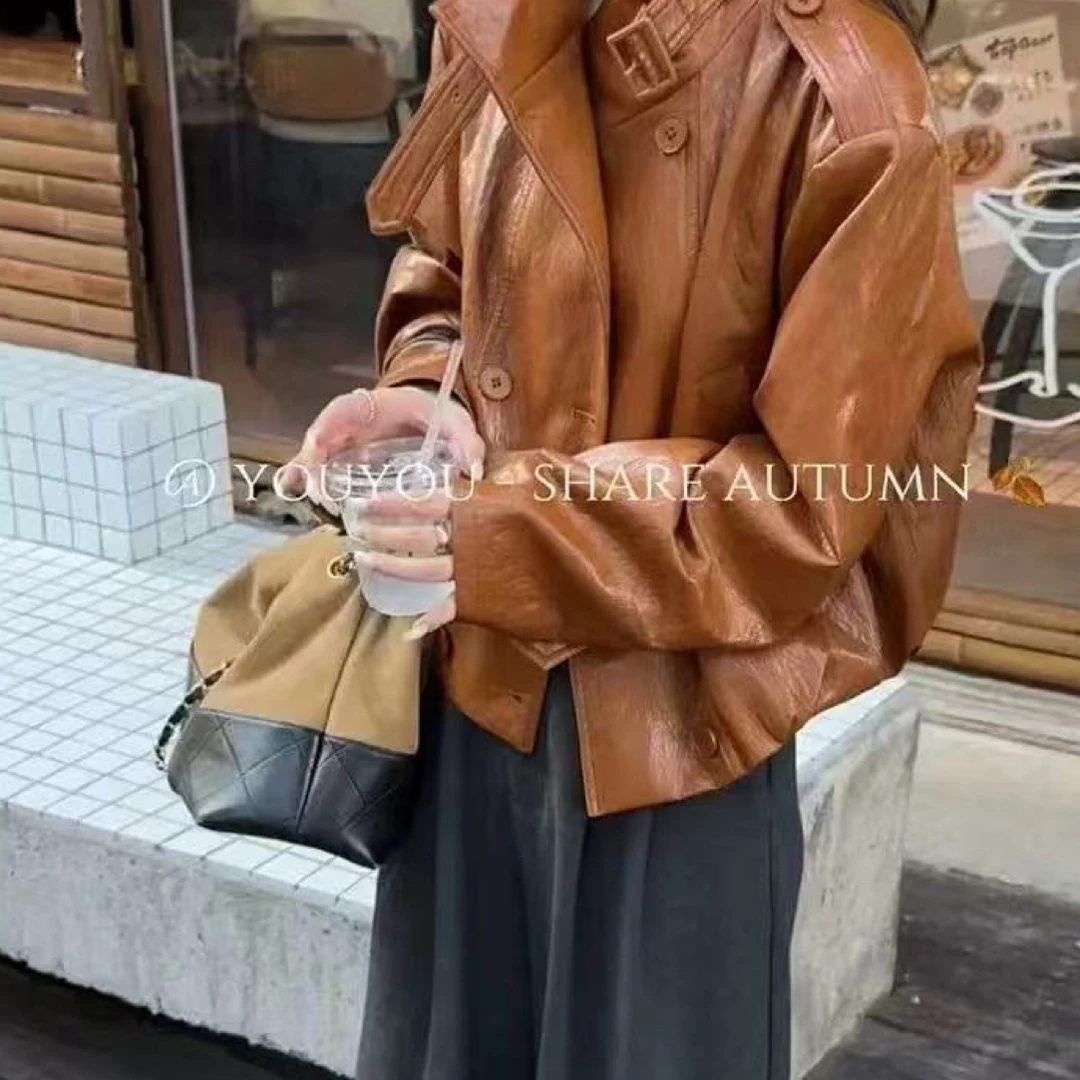 高级感复古立领油蜡皮双排皮衣短外套女2025秋季新款设计感外套