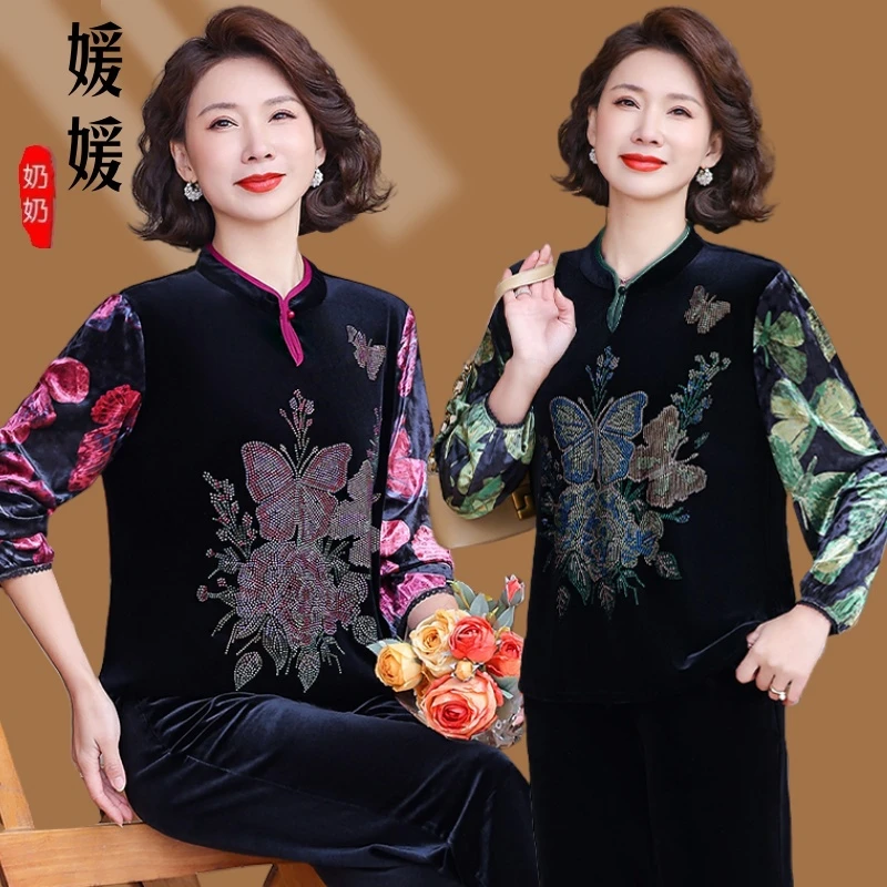 妈妈春款时尚洋气打底衫蝴蝶烫钻上衣中老年女装春秋显瘦t恤小衫