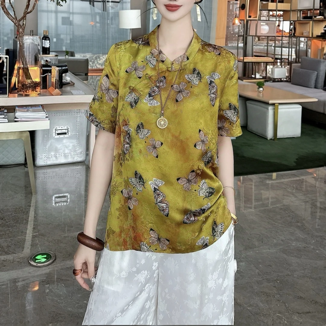 《衣家》新中式立领气质复古显瘦斜襟蝶恋花提花旗袍风短袖衬衫