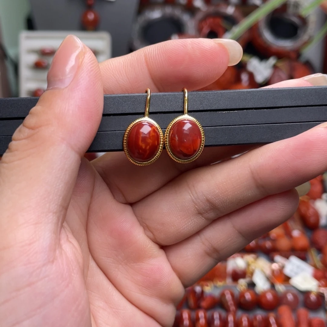 【闪购商品】南红玛瑙牛血红耳扣银S925镶嵌