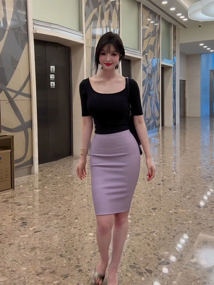 C3819纯欲风正肩圆领短袖上衣女夏御姐气质高腰显瘦包臀半裙套装