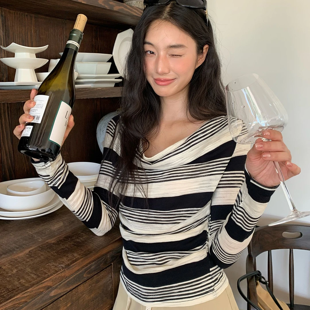 QYao Girls设计感条纹一字肩荡领长袖T恤女早秋季显瘦百搭上衣