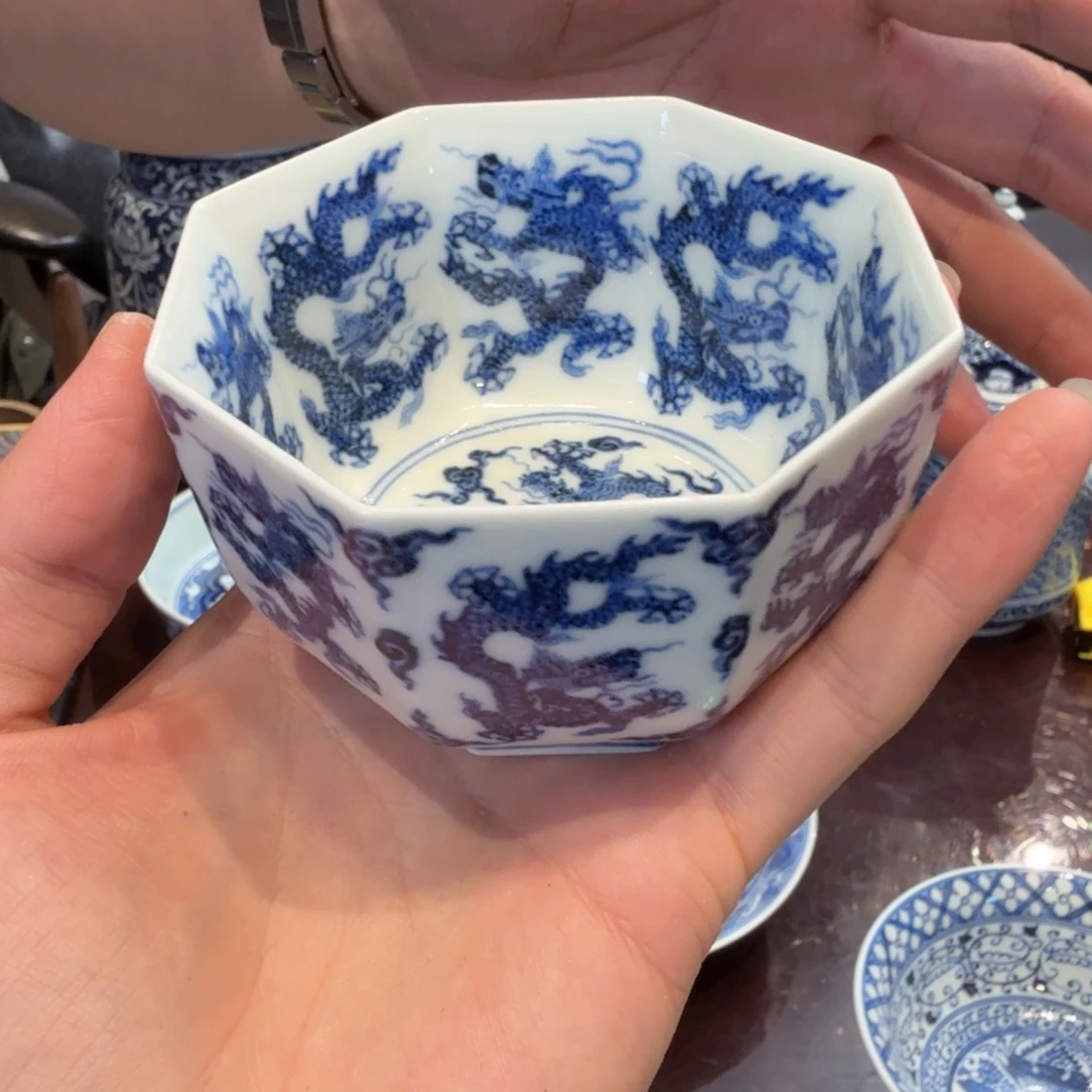 瓷片17条龙八方杯手绘