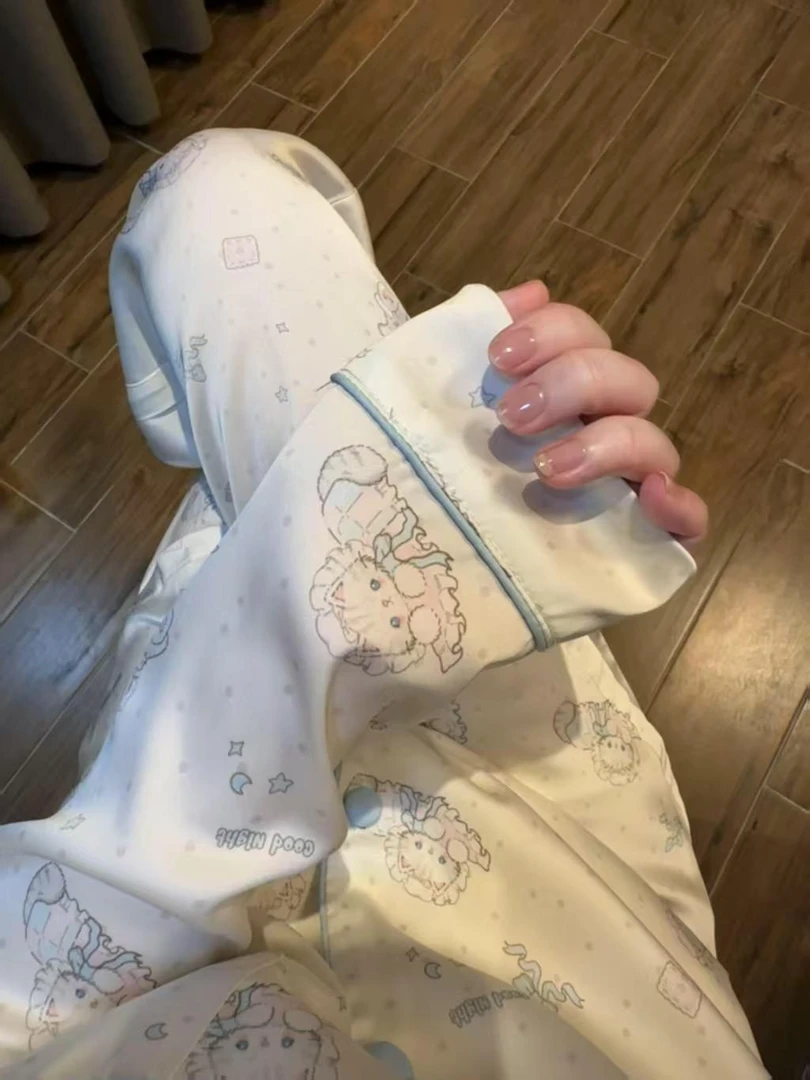 少女可爱奶蓝猫咪睡衣女春秋款冰丝凉感大码长袖长裤睡衣女士套装